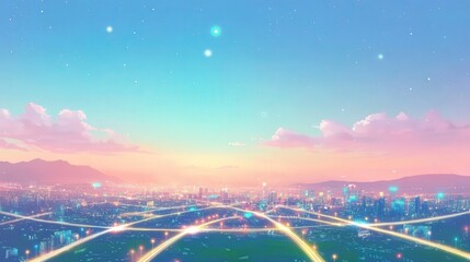 A tranquil cityscape under a pastel-colored sky, highlighted by illuminated pathways representing connectivity and modern living.