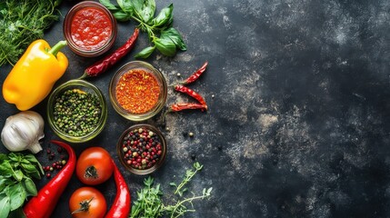 Fresh vegetables and herbs with spices arranged on the table