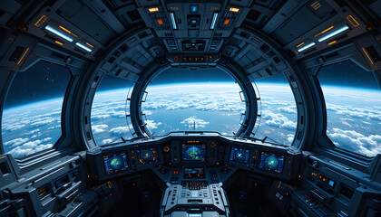 From below of black and white aircraft flying high over modern building with round yard in in city

