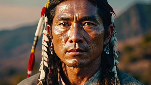 Close-up portrait of a Native American warrior with feathered ornaments, gazing intensely at the horizon