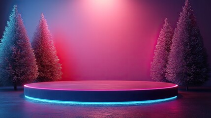 Purple, mint green, pink Christmas neon holographic 3D stage. Crystal glass Xmas trees, empty circle podium for cosmetics mockup. Abstract surreal dreamy showcase scene.