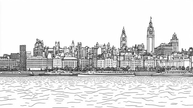 Line art of a panoramic shot of Liverpool’s skyline with ferries crossing the Mersey River