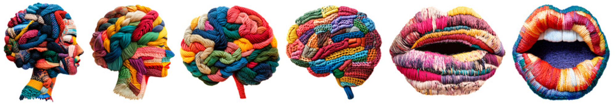 Surreal compositions of human heads, brains, and lips crafted from colorful woven yarn and textile fibers. Artistic concept symbolizing creativity, thought, and craftsmanship, ideal for modern