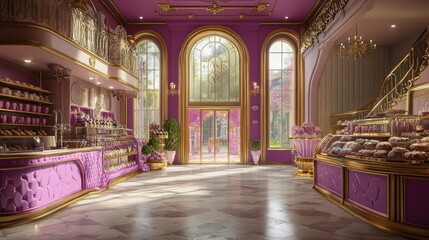 Obraz premium 3D render of a fantasy chocolate shop interior, with a Candyland theme featuring a pink and purple color scheme.
