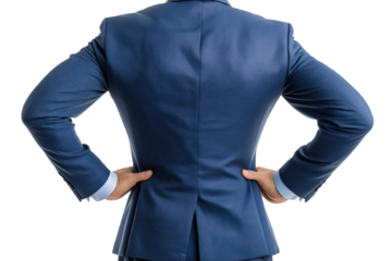 Businessman in a navy-blue suit stands with hands on hips isolated on transparent background, symbolizing confidence, leadership, and determination