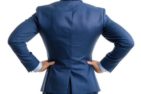 Businessman in a navy-blue suit stands with hands on hips isolated on transparent background, symbolizing confidence, leadership, and determination
