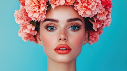 Beauty skin makeup model portrait studio high-quality image floral theme close-up radiant look