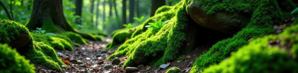 Lush moss covers ancient stone formation along the forest path, ancient, wild