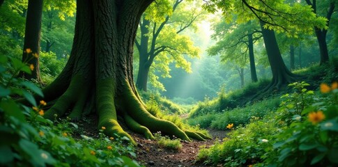 Obraz premium Lush undergrowth surrounds massive tree trunk, vegetation, forest ecosystem, shrubs