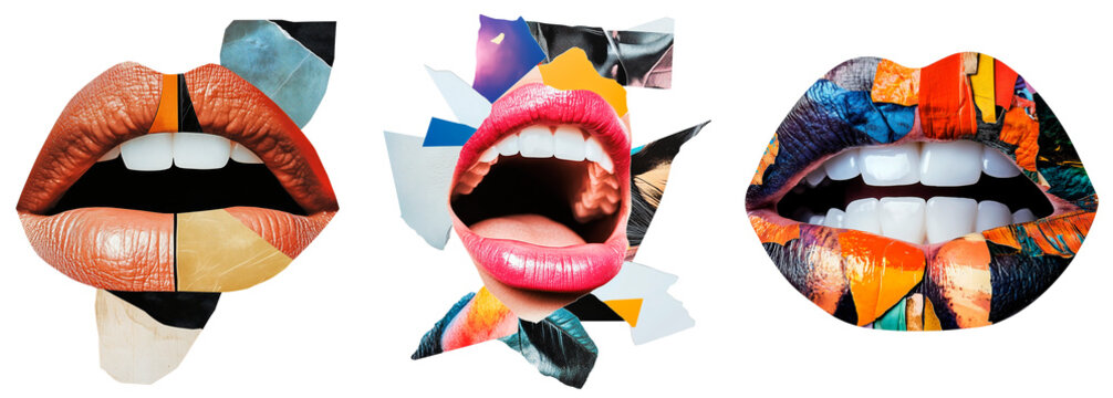 Surreal collage-style artwork of lips merged with abstract textures and torn paper elements. A conceptual fusion of beauty, modern art, and creative expression