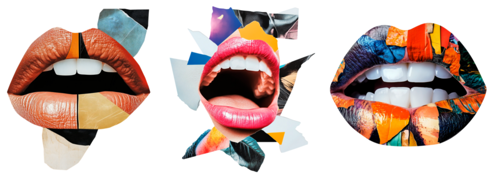 Surreal collage-style artwork of lips merged with abstract textures and torn paper elements. A conceptual fusion of beauty, modern art, and creative expression