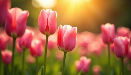 Pink tulips shining in the warm sunlight amidst other flowers, gardenia, field, sunshine
