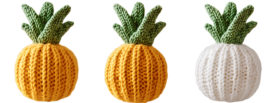 Three knitted toys in the shape of a pineapple, on a transparent background, in a PNG file with a white border around them