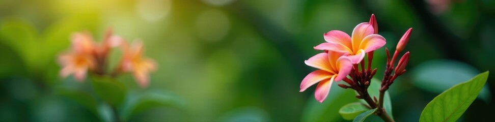 Fototapeta premium Plumeria tree with a few leaves and flowers in the background, garden, landscape, leaves