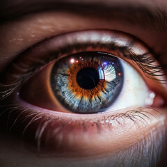 Macro shot of mesmerizing human eye with cosmic reflection vibrant iris details deep vision insight perspective consciousness