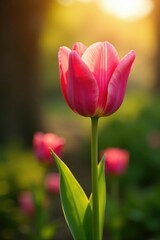 Naklejka premium Single pink tulip blooms in the warm morning light, blossom, sunlight, pink tulip