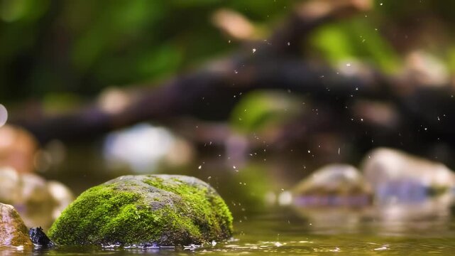 A red squirrel jumps high from a moss-covered rock near a calm body of water, surrounded by lush green forest foliage.