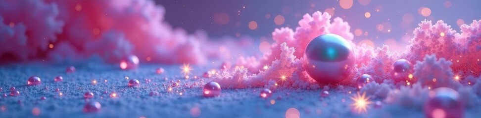Fototapeta premium Swirling pink blue mist surrounds luminous pearls glittering on a velvet surface, pink pearls, blue pearls, glitter