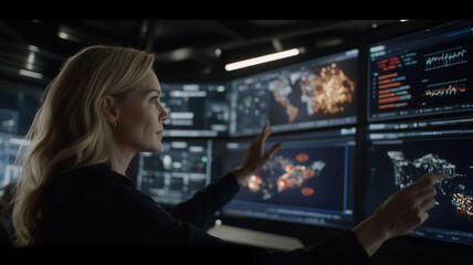 professional woman analyzing data on multiple screens in modern control room, showcasing advanced technology and global information visualization