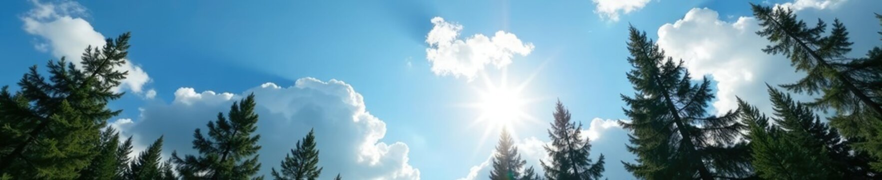 Tall pine trees against blue sky with clouds and sunlight, Murmansk region, light, sky