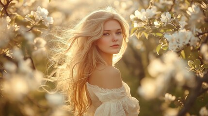 Fototapeta premium young woman in the field with white flower