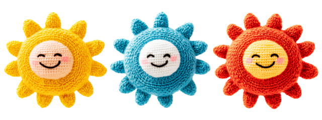 3 knitted, colorful, sun-shaped toys, isolated on a transparent background, cutout PNG file