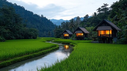 Fototapeta premium Tranquil Rice Fields and Traditional Homes Near Serene River