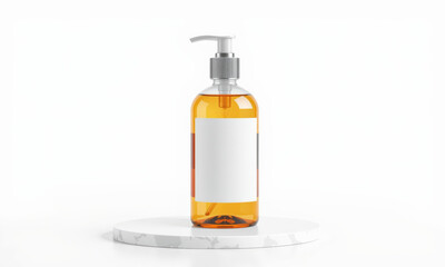 clear soap bottle mockup with pump, featuring blank label, placed on circular stand. amber liquid inside adds warm touch to design