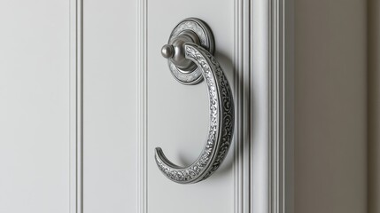An intricately designed silver door handle mounted on a white door