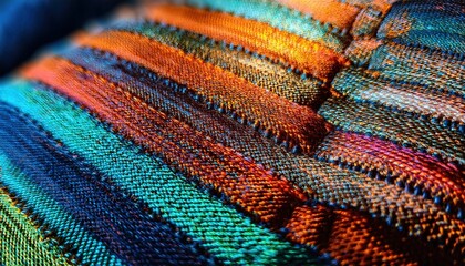 Ultra-macro shot of decorative cushion fabric, showcasing intricate texture, woven patterns, and rich colors. Fine fibers and stitching details add depth, revealing the craftsmanship