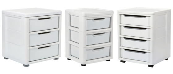Three white plastic storage drawers isolated with transparent background