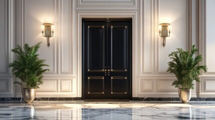 Fototapeta premium An elegant hallway with a decorative black double door