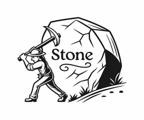 Determined Miner Working to Move a Large Stone