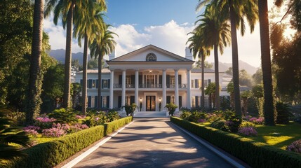 Obraz premium beautiful mansion with palm trees in a sunrise