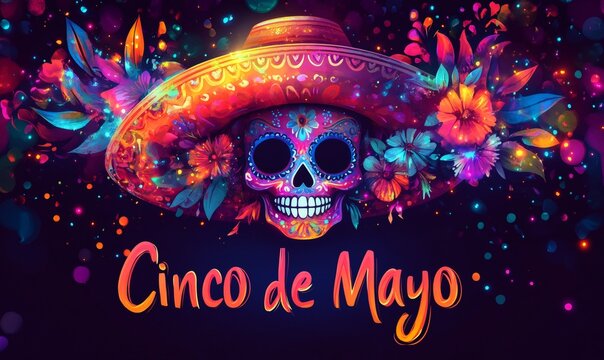 Vibrant calavera skull wearing sombrero and adorned with colorful flowers celebrates cinco de mayo