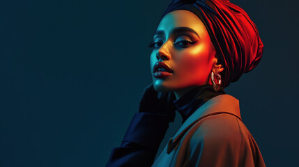 woman wearing red hijab and stylish outfit poses elegantly with dramatic lighting