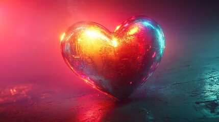 Obraz premium Retro futuristic cyberpunk neon glowing heart on a pink, green, and mint background, a distorted glitch art illustration.