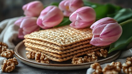 Ribbon bound matzah, walnuts, and pink tulips on beige for Seder night.