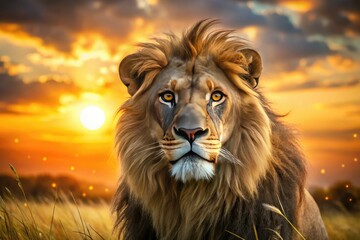 Obraz premium Golden hour sunset bathes a majestic African lion, blurred savannah background highlighting its regal presence.