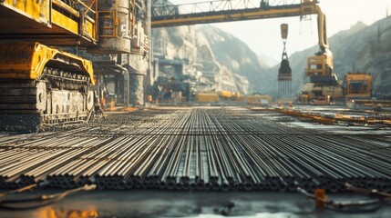 Fototapeta premium Close up of rebar and a large mining machine in the background.