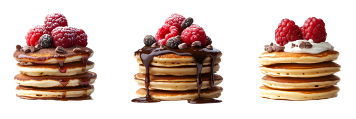Collection of pancake stacks with different toppings (maple, raspberry, chocolate syrup) kept on white or transparent background, food bundle