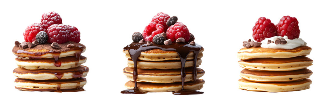 Collection of pancake stacks with different toppings (maple, raspberry, chocolate syrup) kept on white or transparent background, food bundle