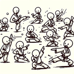 Stick figure Kungfu master, Black belt, white Costume, Vector illustration, for T-shirt designs and merchandise 