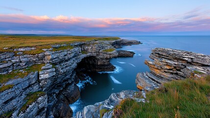 Stunning Coastal Landscape at Sunset with Rocky Cliffs and Ocean View
