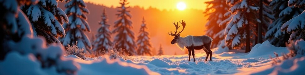 Golden sunrise casts a warm glow over a majestic reindeer grazing in the snow-covered forest, wildlife, forest, snow