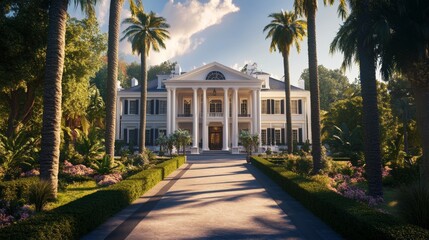 Naklejka premium beautiful mansion with palm trees in a sunrise