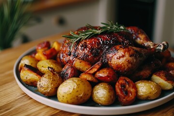 A beautifully roasted whole chicken with glazed skin, served with roasted potatoes and garnished with fresh rosemary sprigs, on a plate ready to eat.