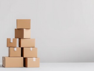 Obraz premium Stack of minimalist packages in a white void, simplicity in ecommerce logistics