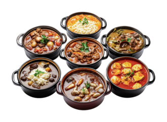 Variety of hearty stews served in black pots showcases diverse flavors and textures perfect for a cozy meal during cold weather, cut out