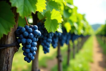 Naklejka premium Lush row of grapes hanging from a rustic wooden trellis, wine, trellis